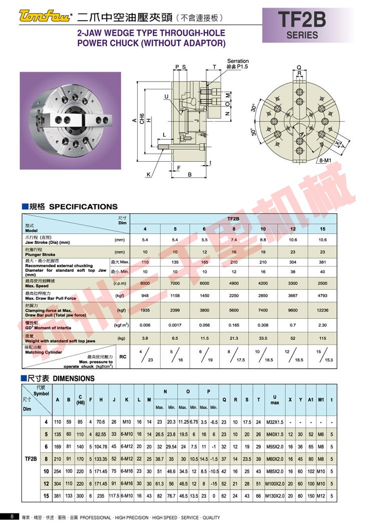 台湾通福tonfou两爪中空液压卡盘TF2B
